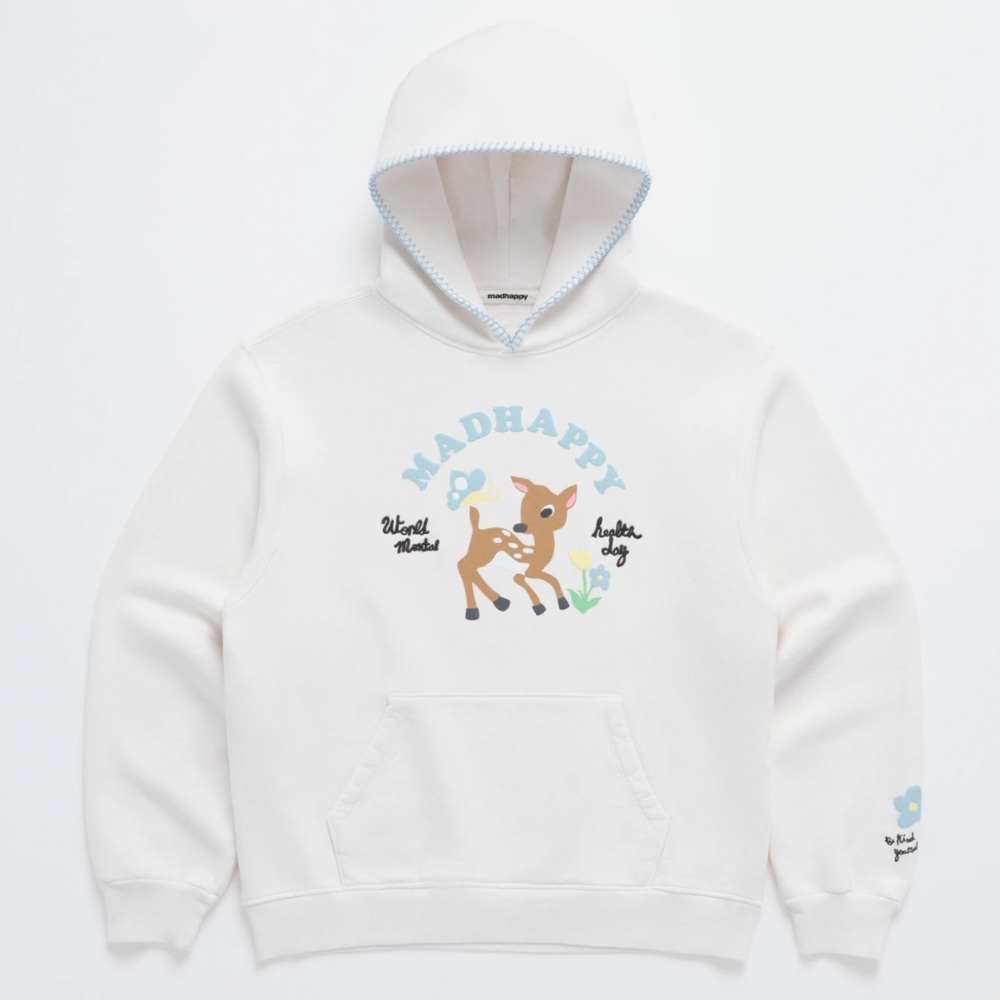 MADHAPPY World Mental Health Day Fleece Hoodie, Vintage White, Size Med. Unisex.